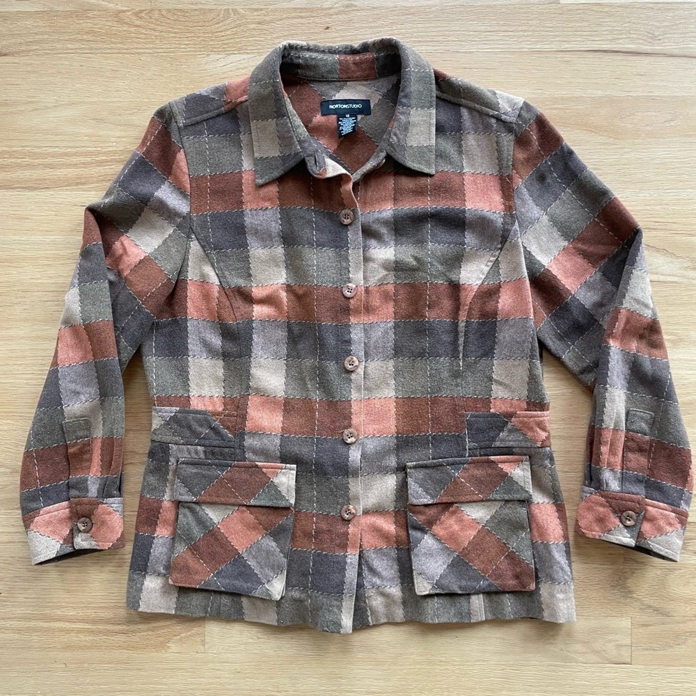 Vintage Brown Plaid Wool Blend Flannel Button Down Shirt Jacket Shacket size 12